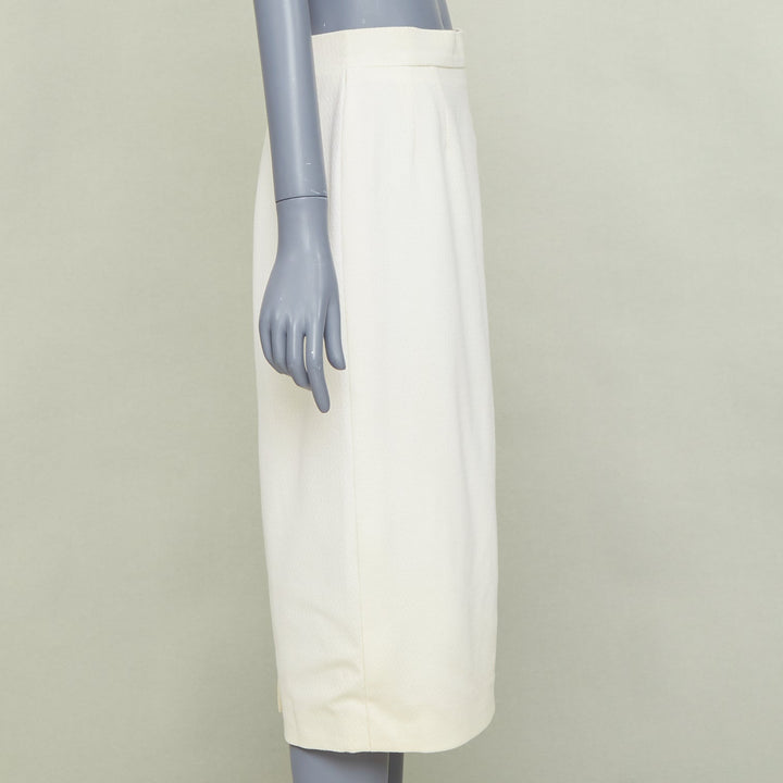 CHANEL 93P ivory wool gold CC logo button slit silk pencil skirt FR42 XL