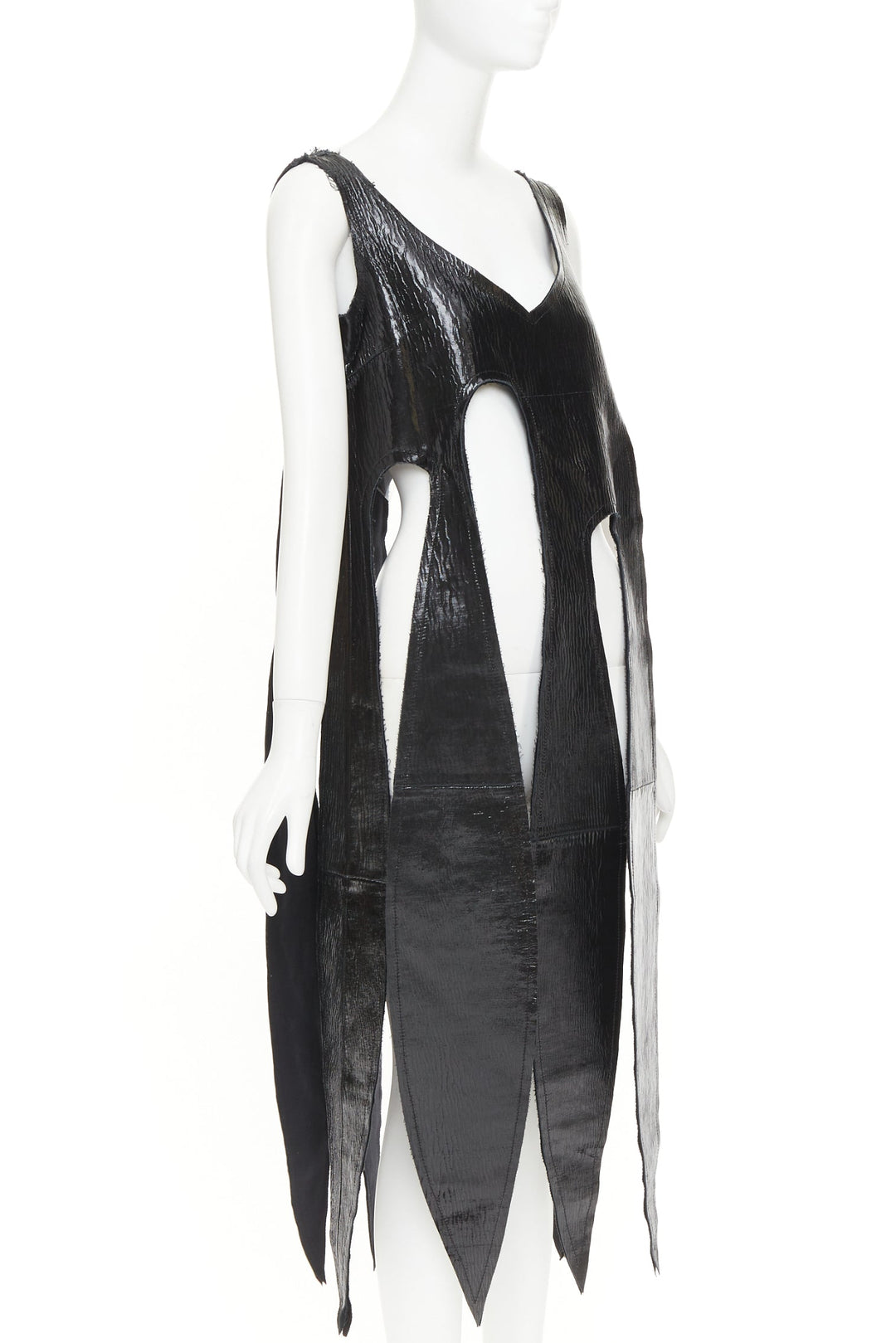 rare COMME DES GARCONS 2019 black textured cowhide leather fringed petal top XS