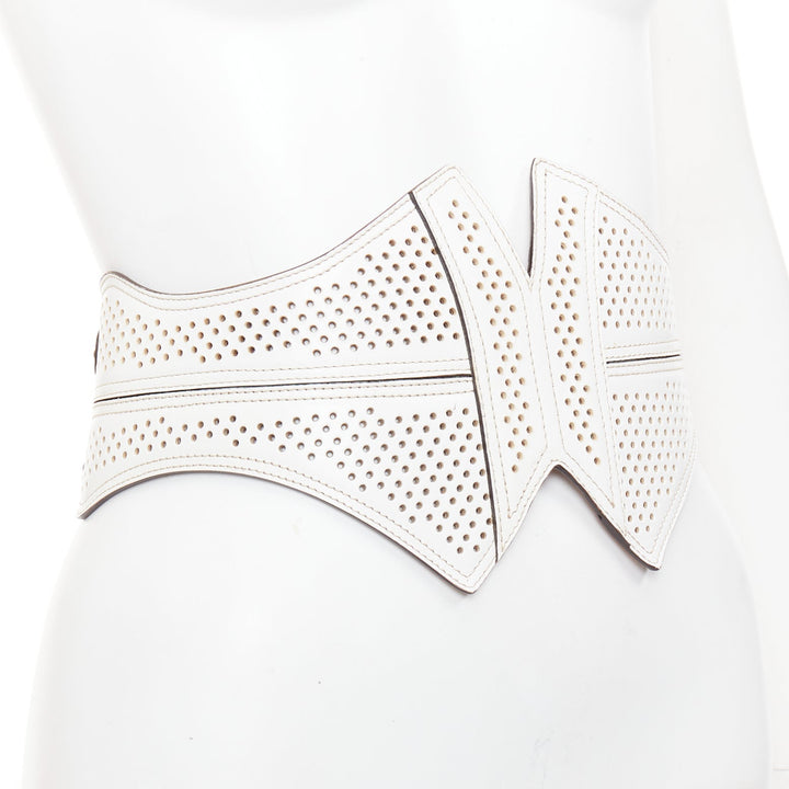 ALAIA white leather punctured perforated cinched waist wide belt 65cm