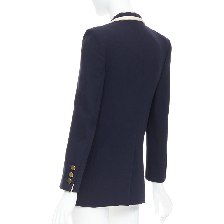 BLAZE MILANO Everyday navy virgin wool cream silk curved pocket blazer US0 XS