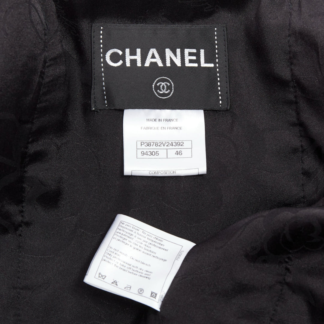 CHANEL 10A Paris Shanghai Runway black tweed crochet trim 4 pocket jacket FR46