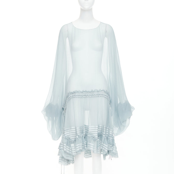 CHLOE 2016 Runway sky blue silk mousselin sheer ruffle drawstring dress FR34 XS