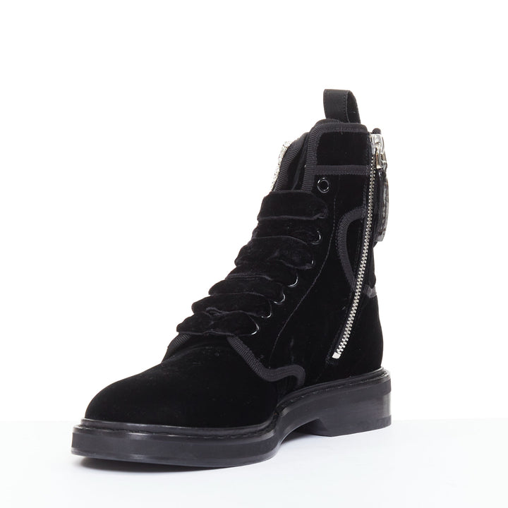 ROGER VIVIER 2020 Viv Rangers black velvet crystal buckle combat boots EU37.5