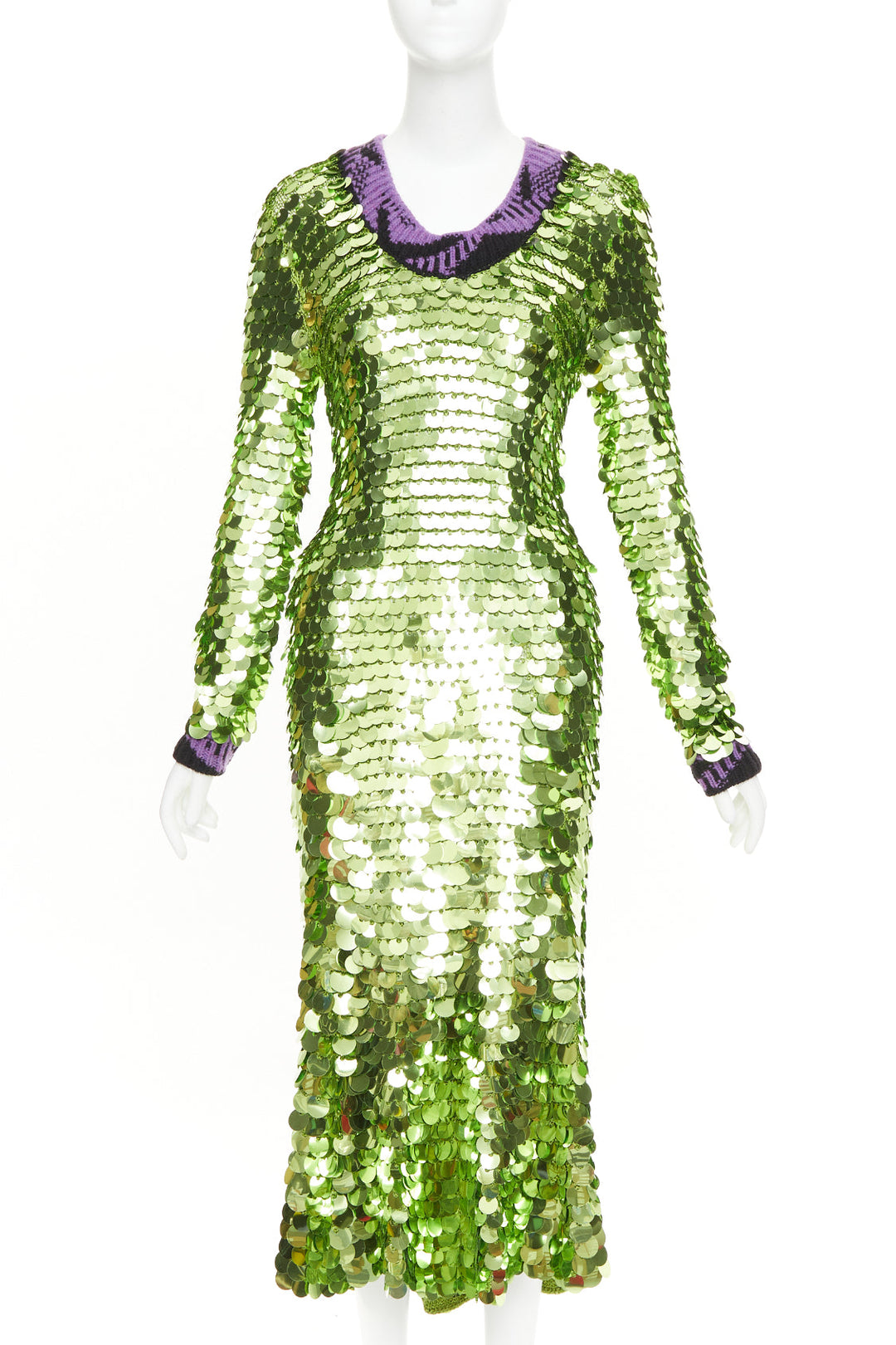 PRADA 2021 Runway green sequin paillettes purple jacquard trim dress IT38 XS