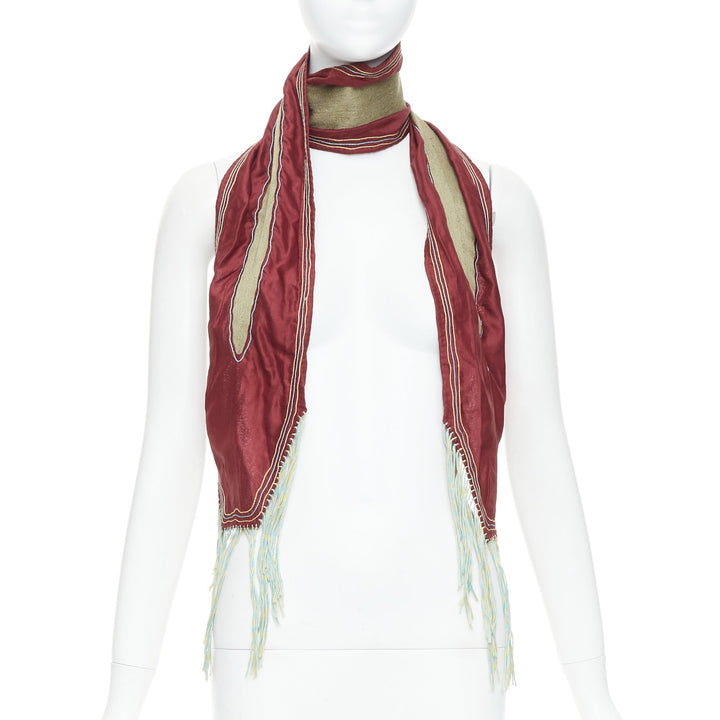 DRIES VAN NOTEN burgundy green silk cotton fringe wrap scarf