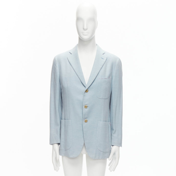 ISAIA Dustin 100% cotton light blue topstitch collar 3 pockets blazer IT50 L