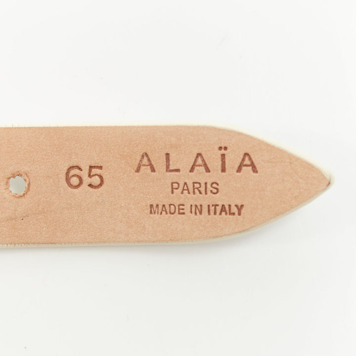 ALAIA 2022 white leather 3D floral petal laser cut studded slim waist belt 65cm