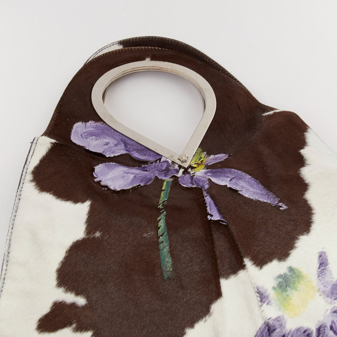 GIANNI VERSACE 1999 Runway handpainted purple floral cow print horsehair bag