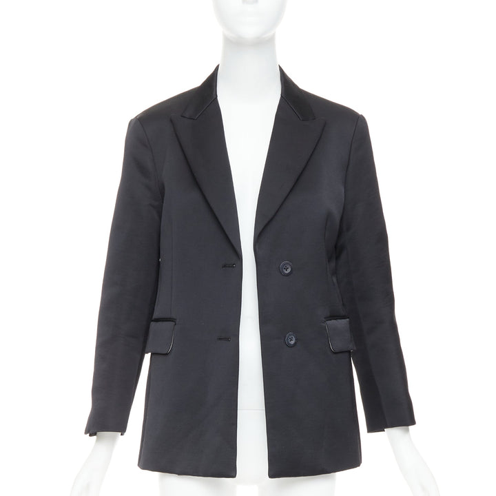 BACCA black satin cropped sleeves single breasted boxy tuxedo blazer