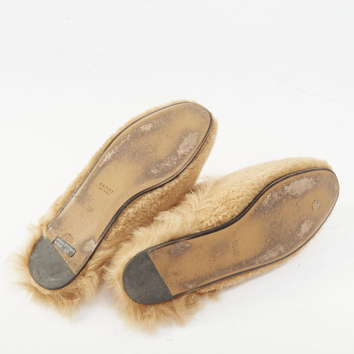 GUCCI Princetown beige shearling horsebit backless loafer mules EU37
