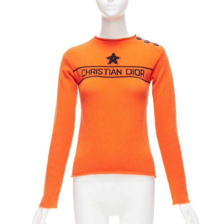 CHRISTIAN DIOR 2022 100% cashmere orange star logo long sleeve sweater FR34 XXS