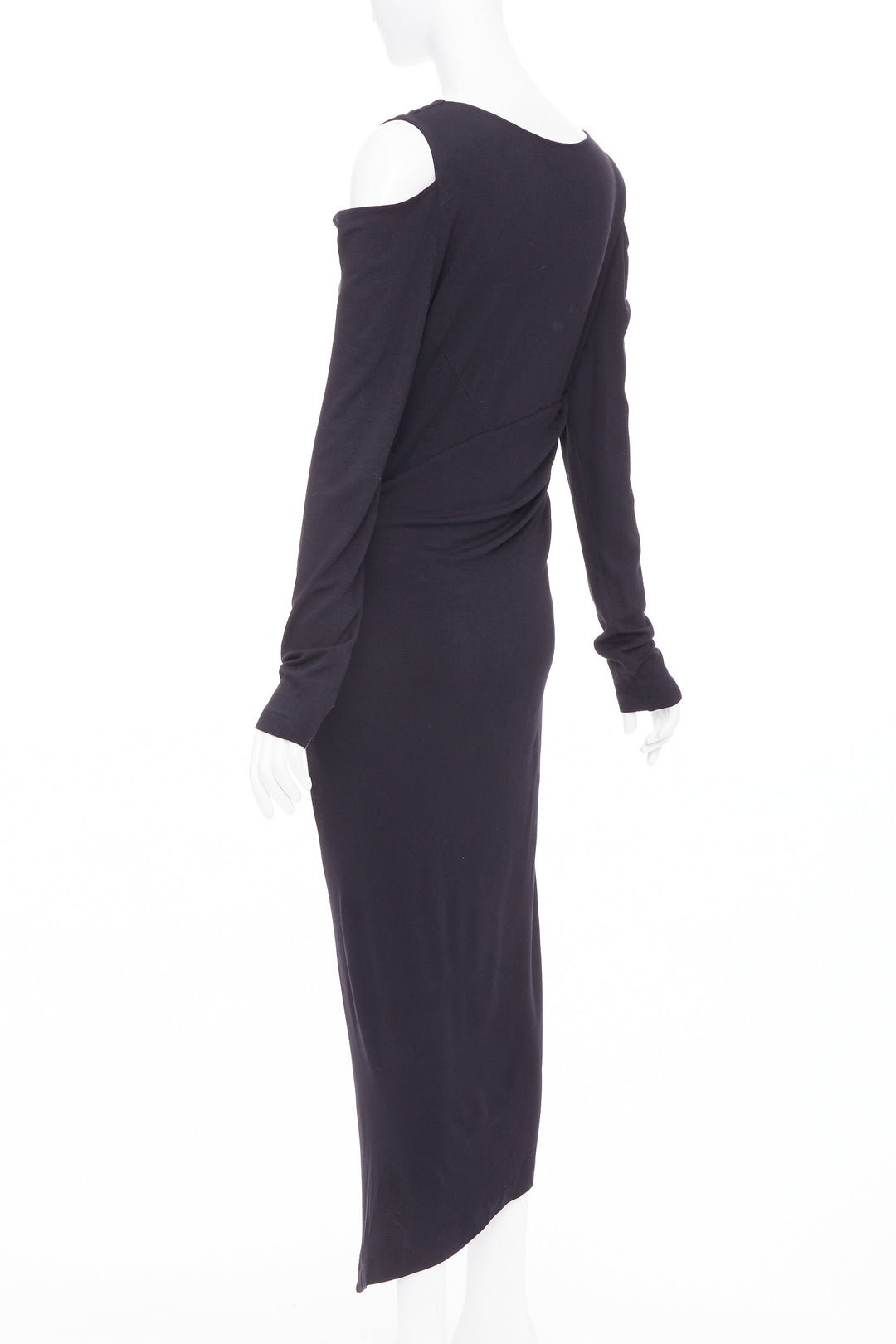 DONNA KARAN black jersey cold shoulder long sleeve side drape dress L