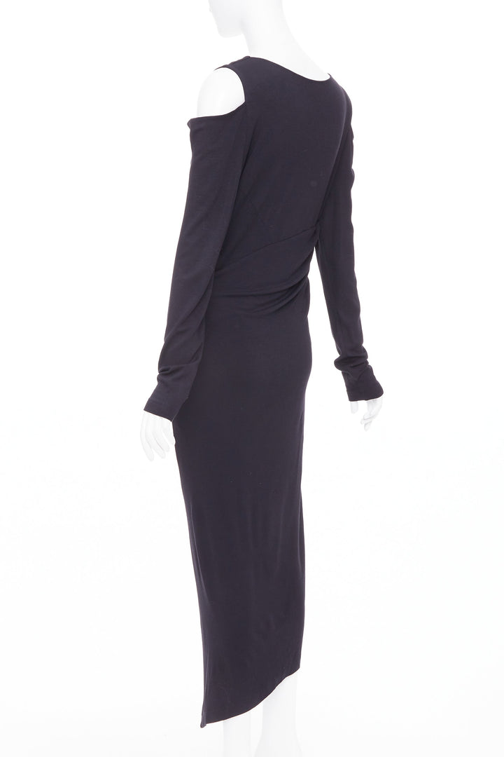 DONNA KARAN black jersey cold shoulder long sleeve side drape dress L