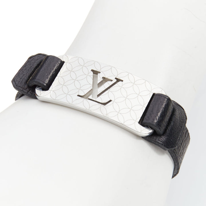 LOUIS VUITTON Champs Elysee black leather floral motif LV metal plate bracelet