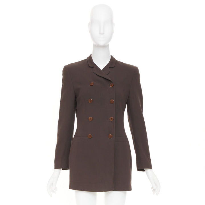 GIORGIO ARMANI solid brown pure new wool double breasted tailored jacket IT40 S