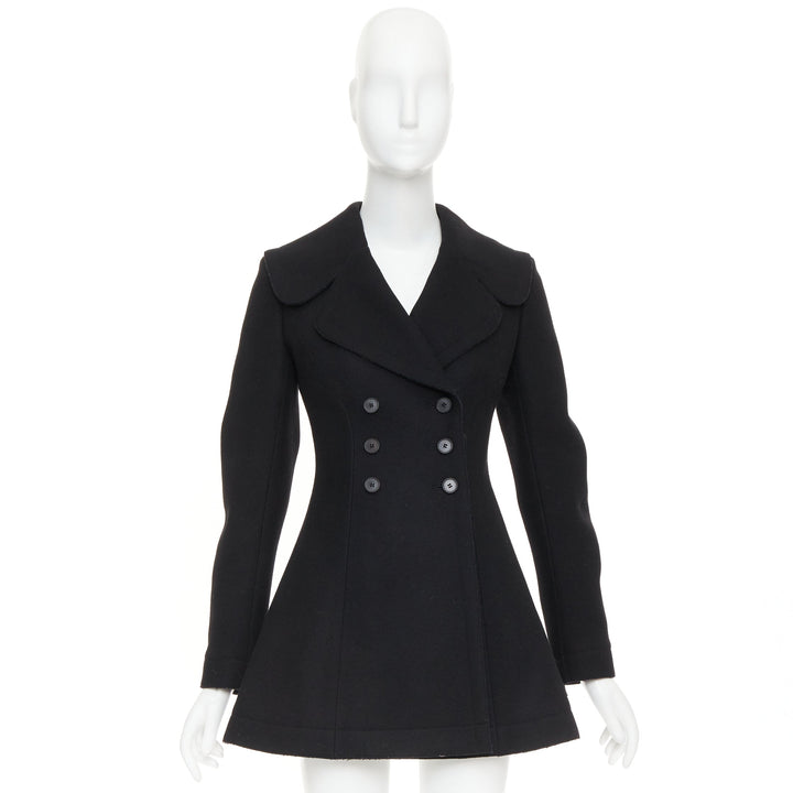 ALAIA black wool felt double breasted fit flared structured coat dress FR38 M