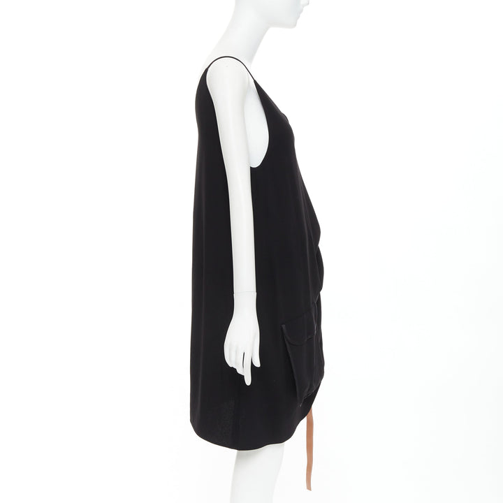LOEWE black crepe brown anagram leather gathered side dress XS
