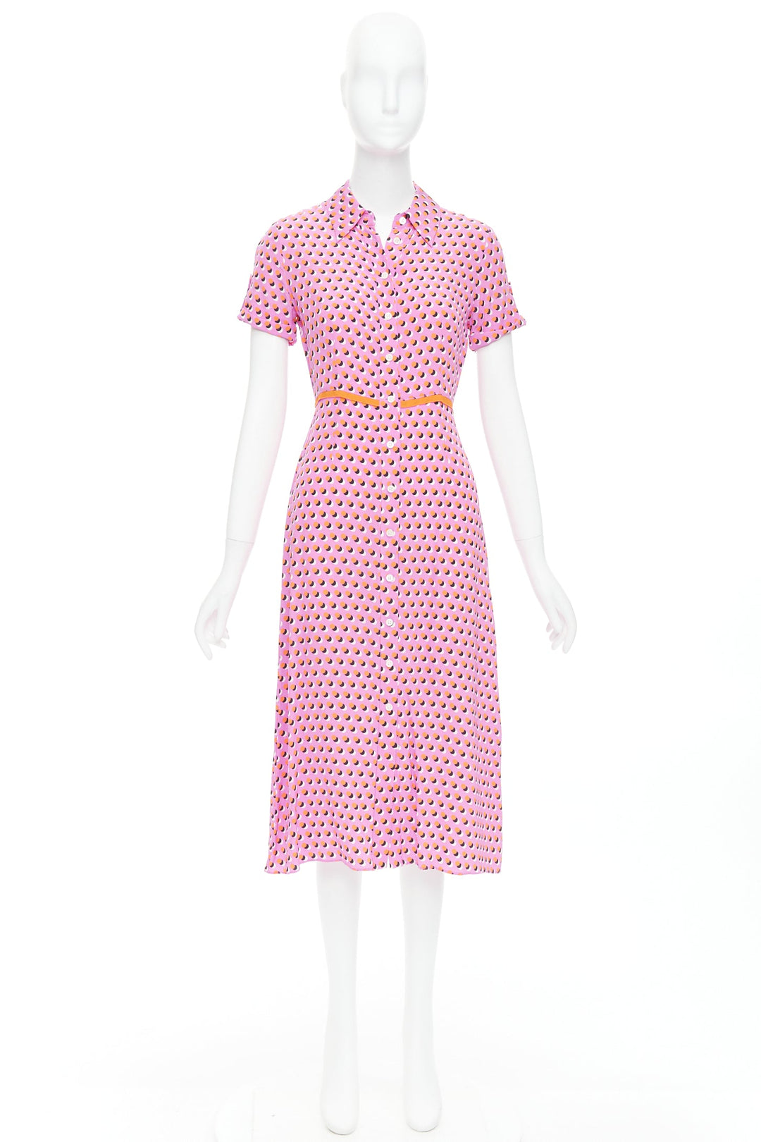 DIANE VON FURSTENBERG Georgia pink polka dot crepe de chine midi dress US0 XS