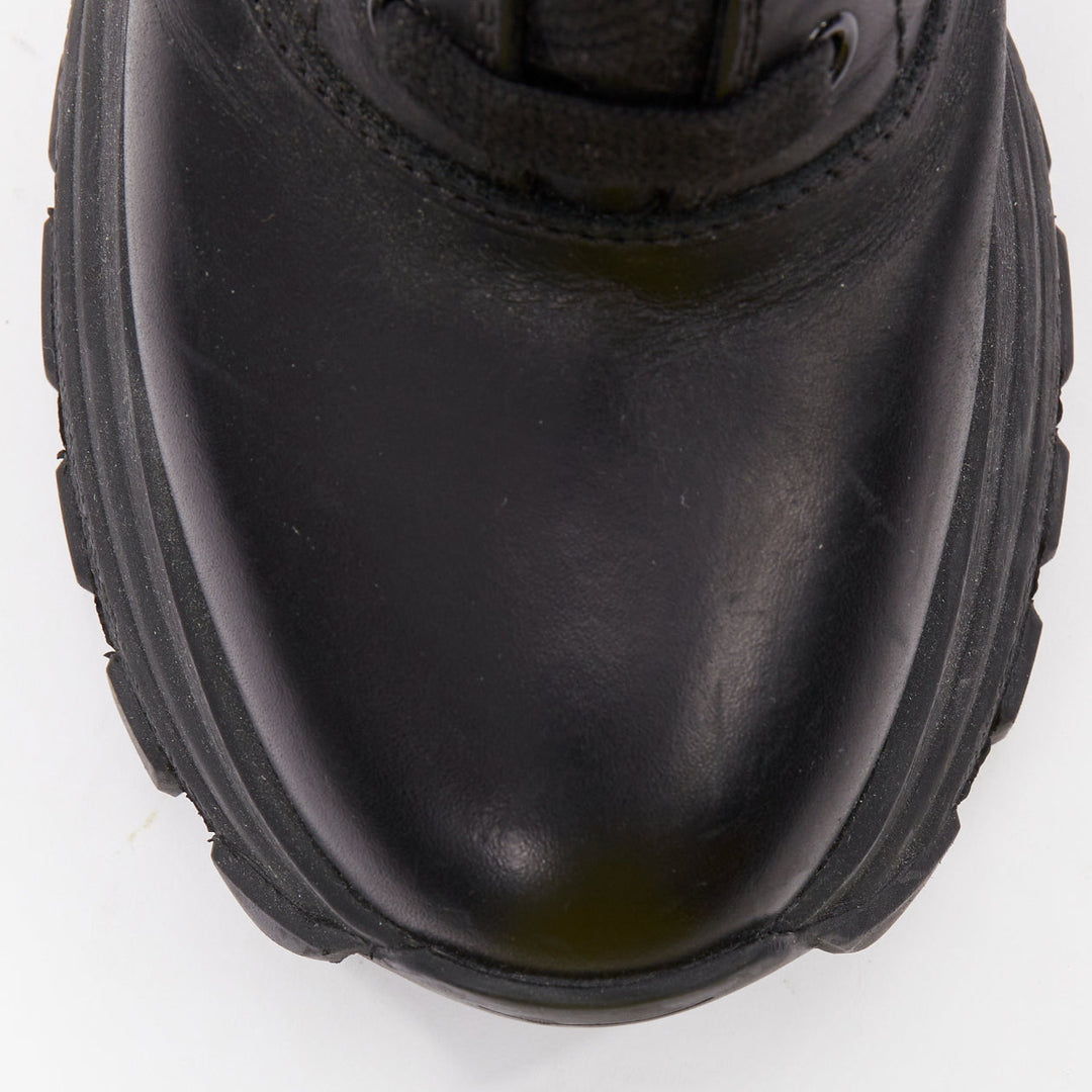 MIU MIU Runway black leather logo lace up chunky wedge tall boots EU39