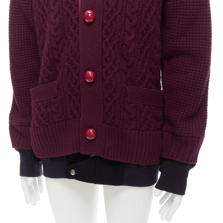 SACAI 2016 burgundy 100% wool cable knit layered hem cardigan JP3 L