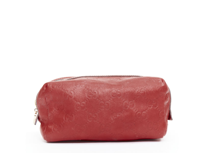 GUCCI Vintage Guccissima red leather GG emboss gold heart zip pouch make up bag
