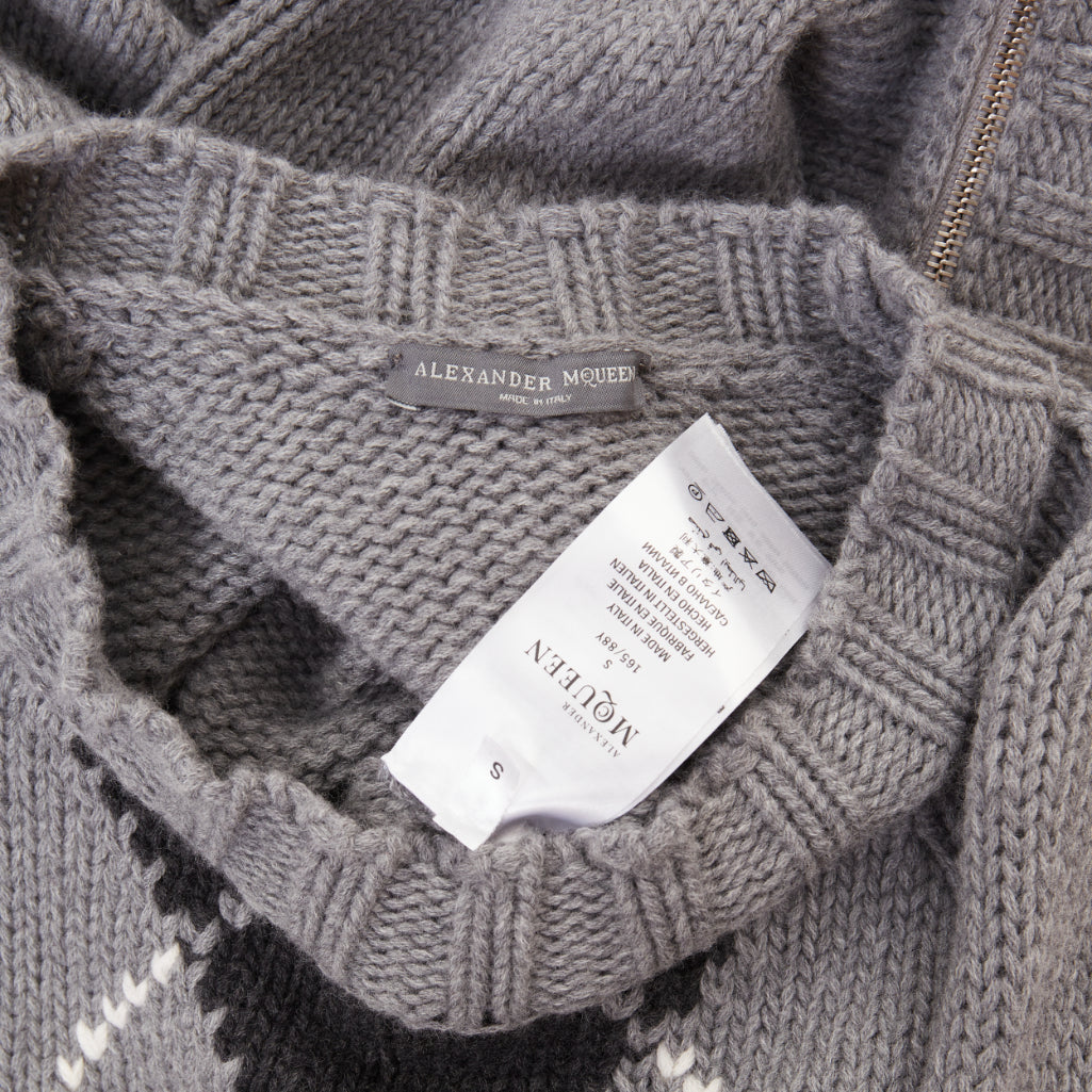 ALEXANDER MCQUEEN 2017 grey wool argyle intarsia zipper trim high low sweater S