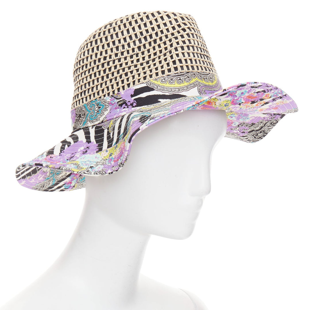 ETRO purple cotton blend paisley print beige raffia jute floppy hat S