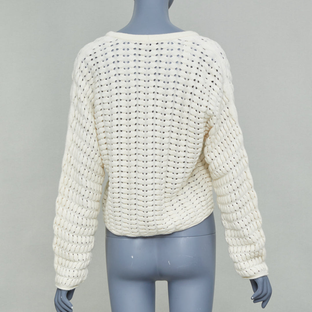 THEORY cream white wool cashmere open knit cable cropped knit cardigan S