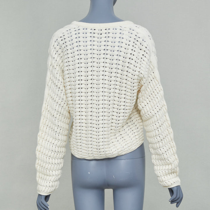 THEORY cream white wool cashmere open knit cable cropped knit cardigan S