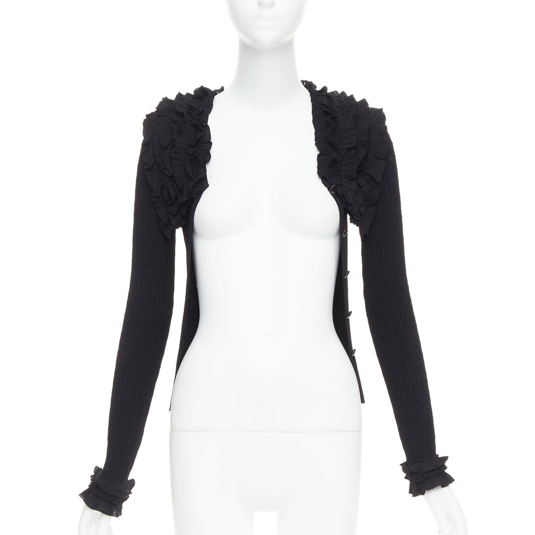 LOUIS VUITTON black ruffle collar cuffs ribbed long sleeves cardigan XS