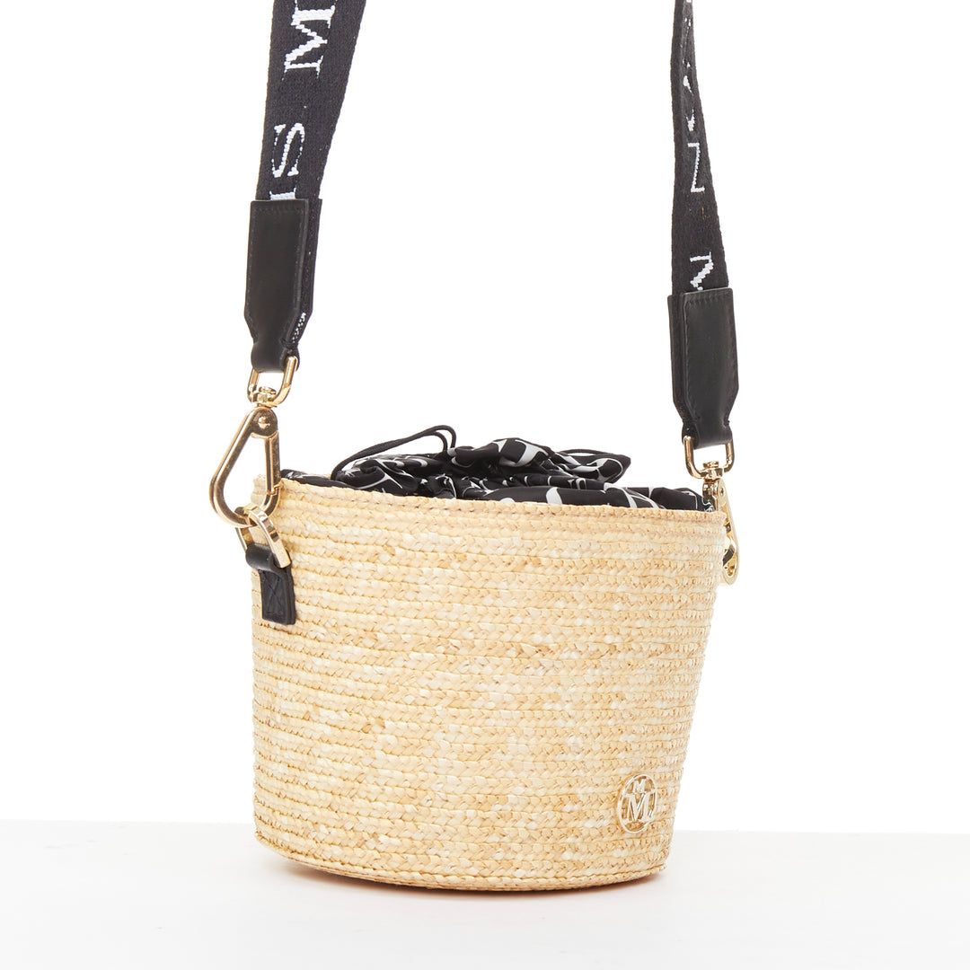 MAISON MICHEL 2024 Cassie Bucket beige raffia nylon monogram strap crossbody bag