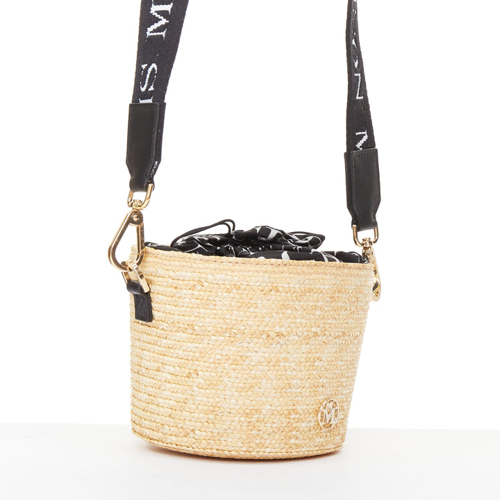 MAISON MICHEL 2024 Cassie Bucket beige raffia nylon monogram strap crossbody bag