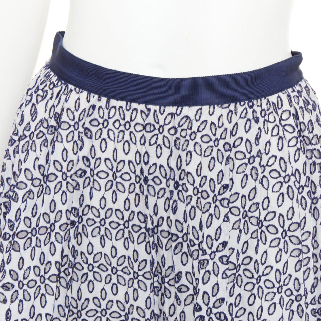 OSCAR DE LA RENTA S17 navy white cotton eyelet floral embroidered skirt XS US0