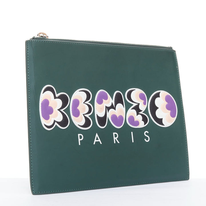 KENZO dark green purple debossed rubber logo portfolio zip clutch