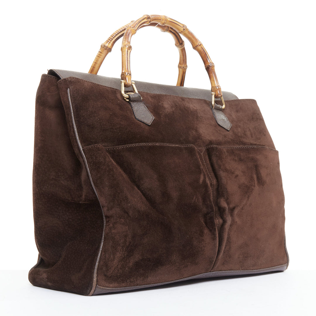 GUCCI Vintage Bamboo brown suede leather nude handle satchel bag