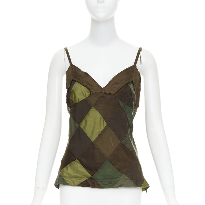 COMME DES GARCONS TRICOT 2003 green camo grid patchwork camisole tank top S