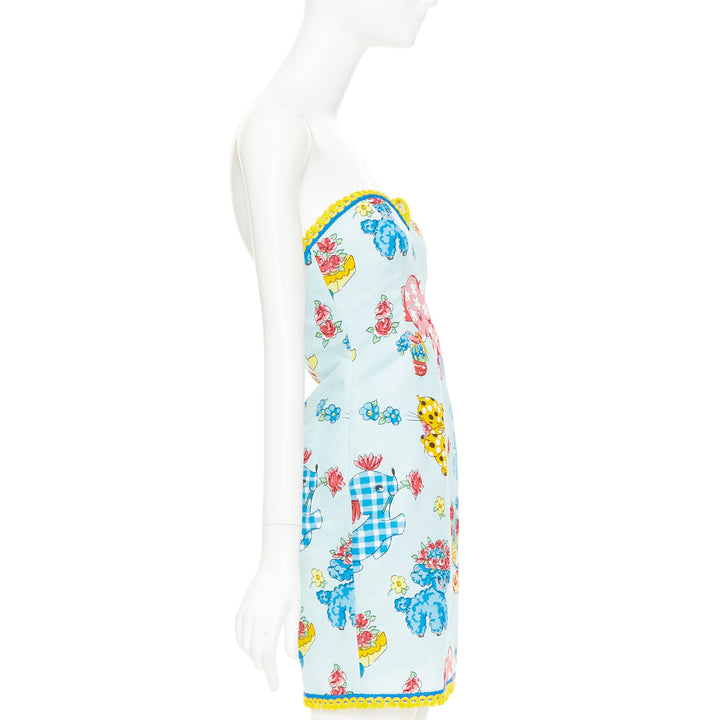 MOSCHINO COUTURE! 2022 Runway Calico Animals blue strapless dress IT38 XS