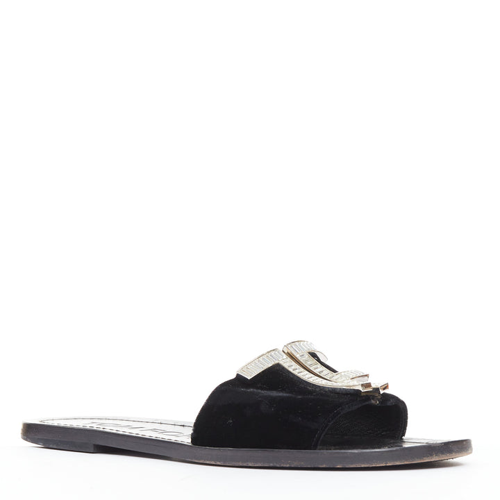 TOM FORD black velvet silver big crystal TF embellished flat sandals EU38