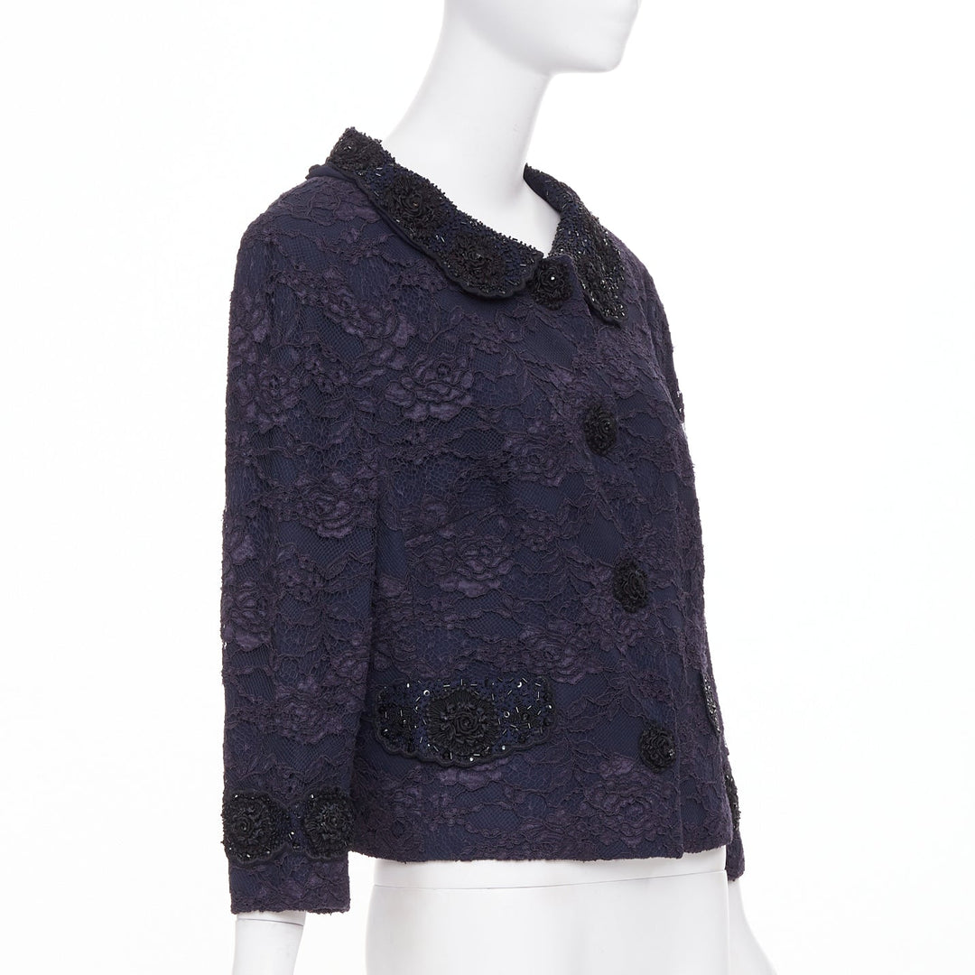 ESCADA Vintage navy lace floral bead embellished collar cropped jacket FR44 2XL