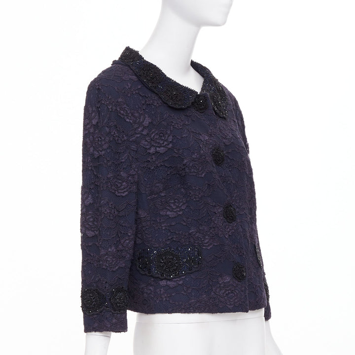 ESCADA Vintage navy lace floral bead embellished collar cropped jacket FR44 2XL