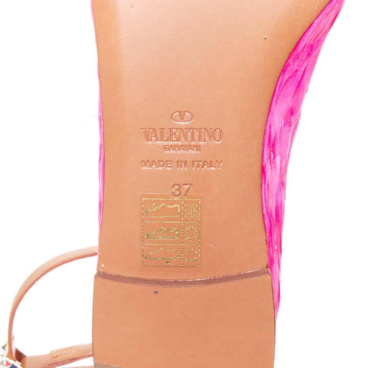 VALENTINO hot fuchsia pink turkey feather leather ankle strap flats EU37