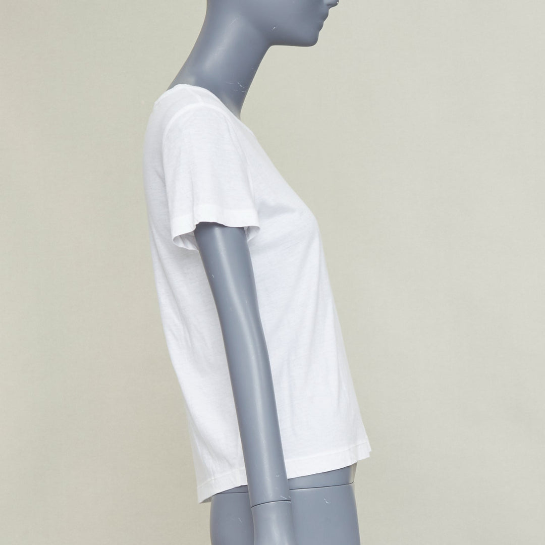 CHANEL 09P white cotton faux pearl ribbon CC logo short sleeve tshirt FR42 XL