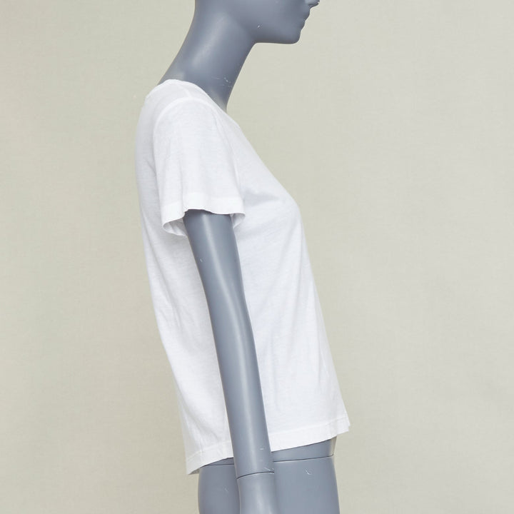 CHANEL 09P white cotton faux pearl ribbon CC logo short sleeve tshirt FR42 XL