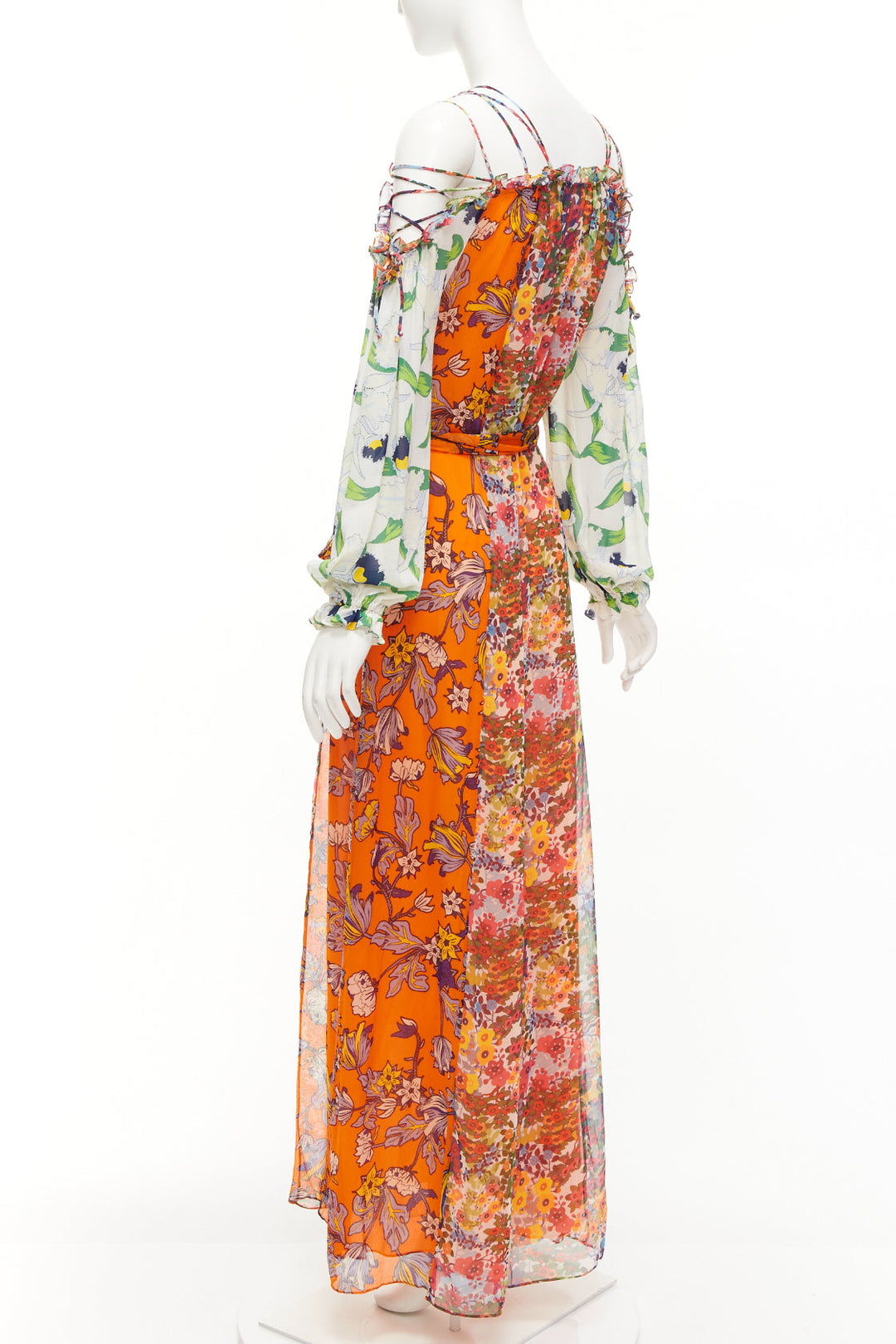 TORY BURCH Shasta orange green white floral silk cold shoulder maxi dress