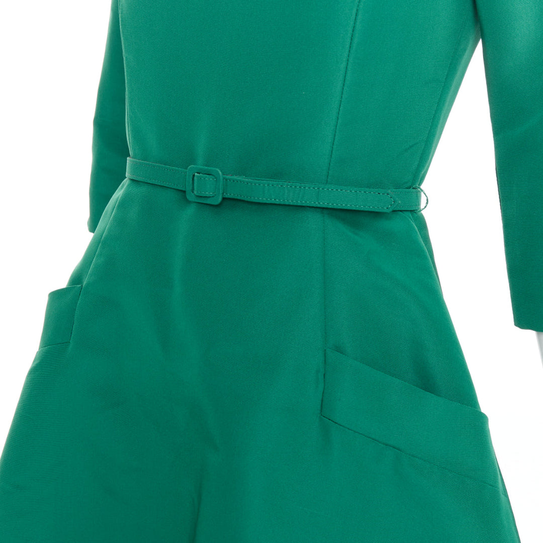 OSCAR DE LA RENTA F17 kelly green  silk taffeta bateau neck belted dress US0 XS