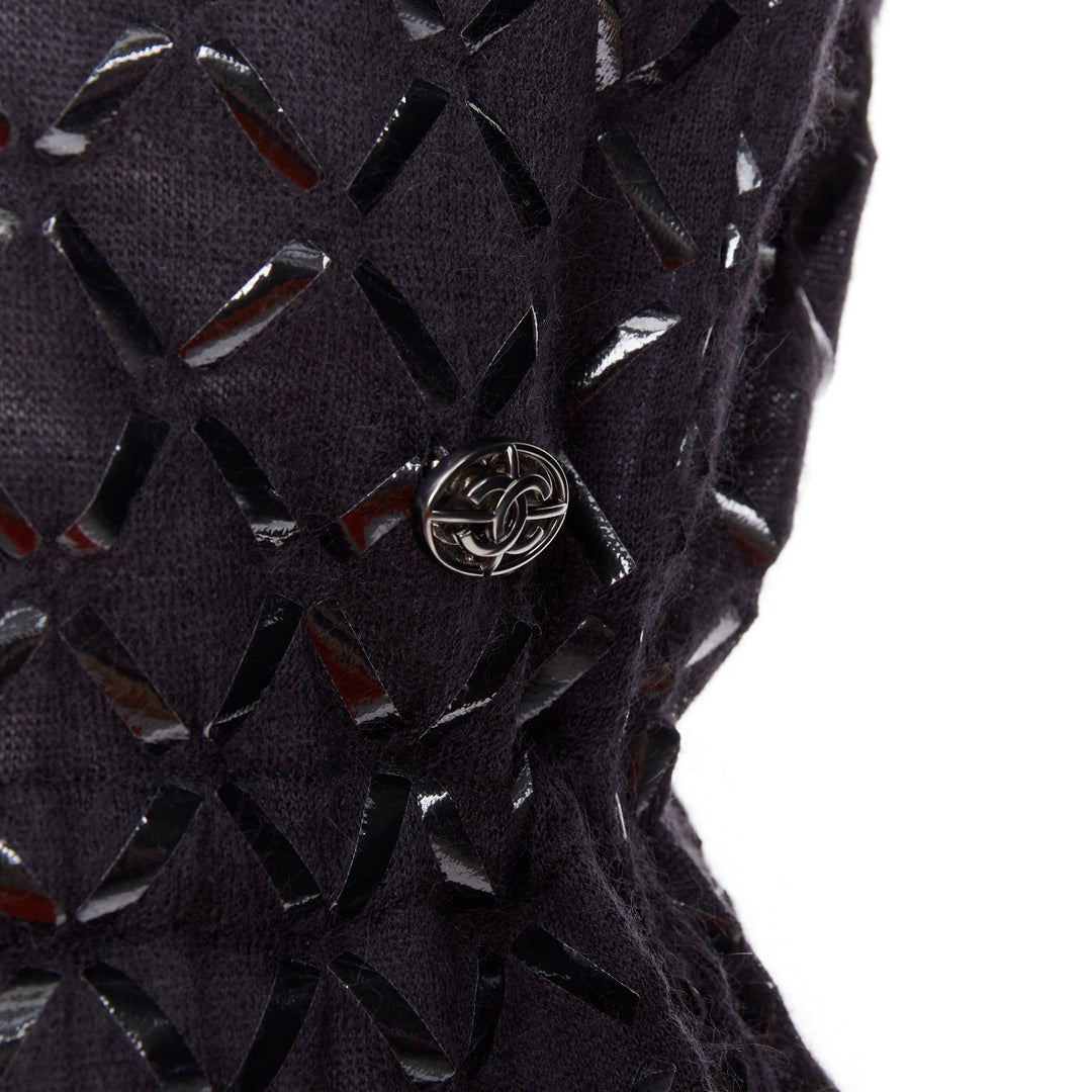 CHANEL black angora blend criss cross shine print knit dress FR36 S