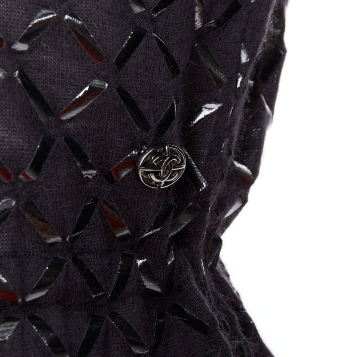 CHANEL black angora blend criss cross shine print knit dress FR36 S