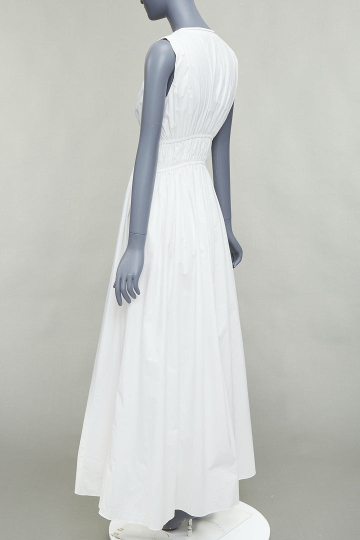 BRUNELLO CUCINELLI white cotton ruched sleeveless plunge maxi dress XS