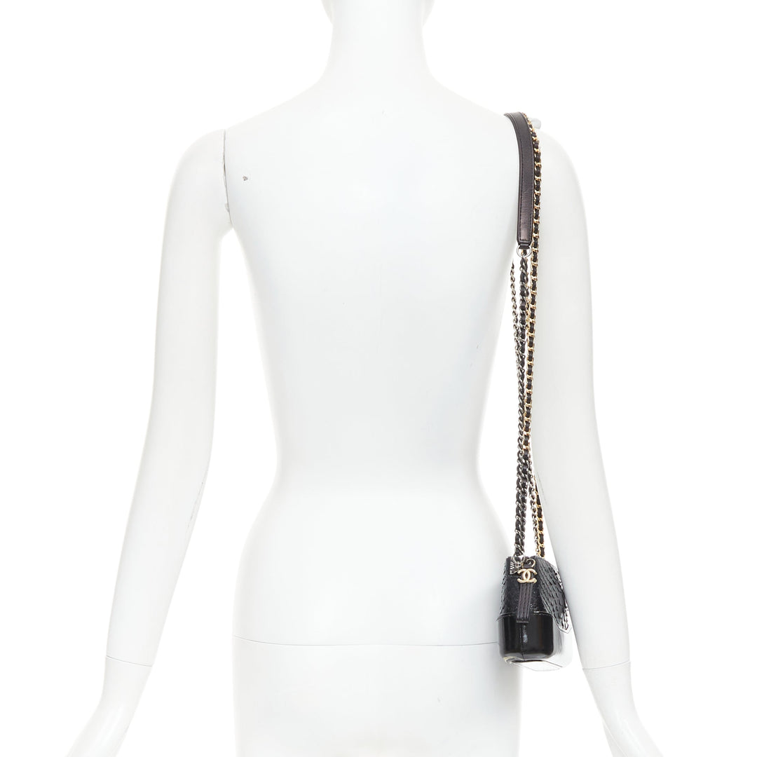 CHANEL Mini Gabrielle black scaled leather patent trim double CC crossbody bag