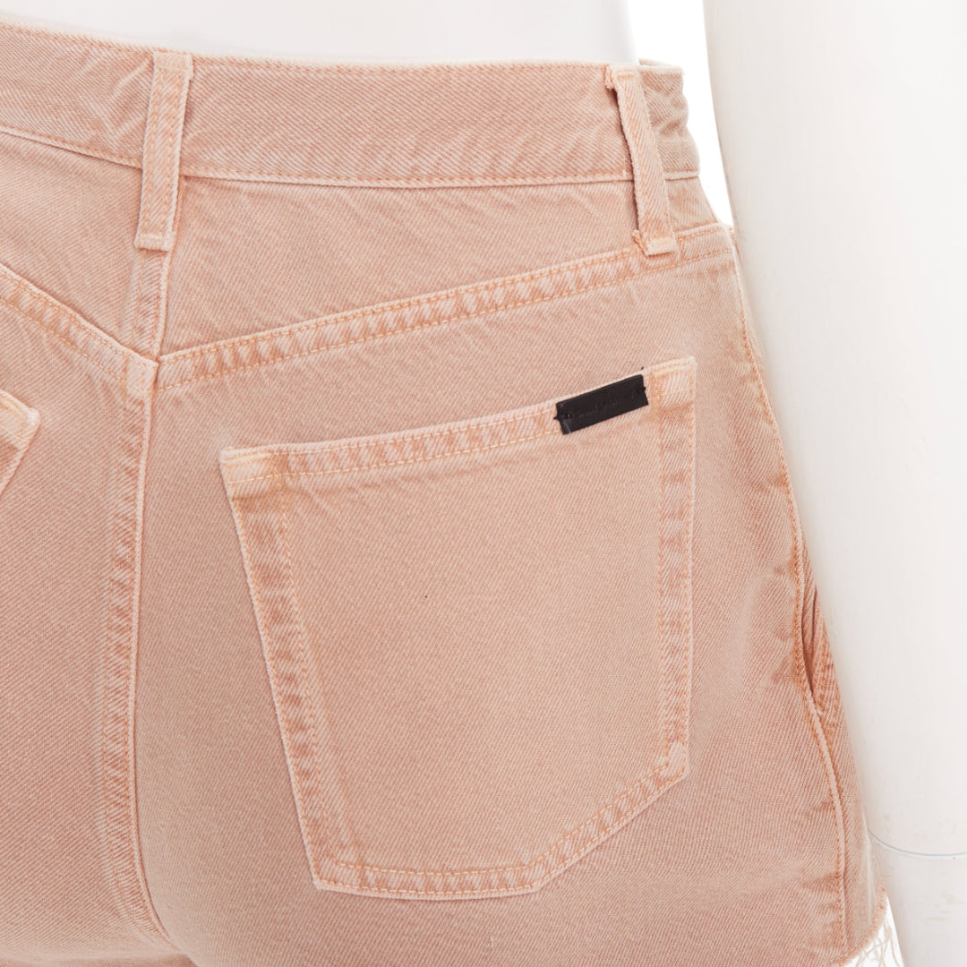 SAINT LAURENT 2020 dusty pink washed denim logo tag flared shorts 25"